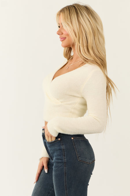 Cream Surplice Wrap Eyelash Knit Sweater