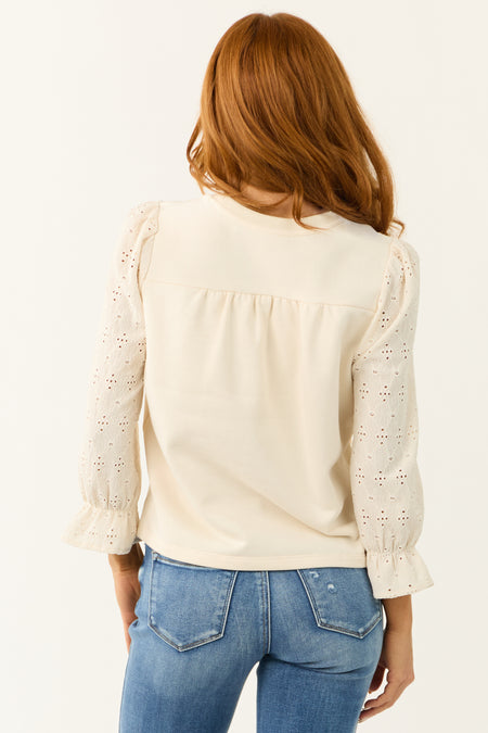 Cream Textured Eyelet 3/4 Sleeve Sweater