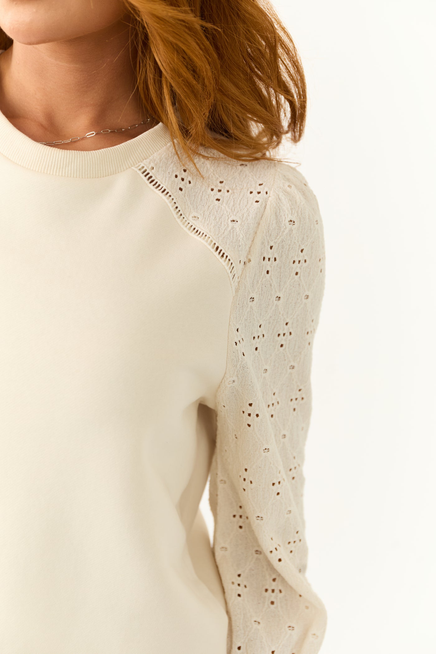 Cream Textured Eyelet 3/4 Sleeve Sweater