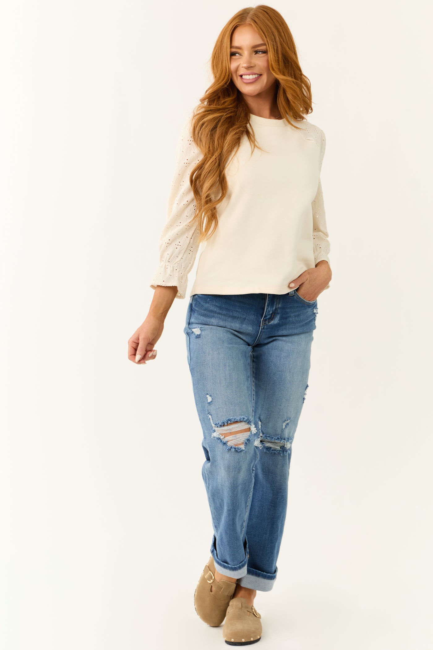 Cream Textured Eyelet 3/4 Sleeve Sweater