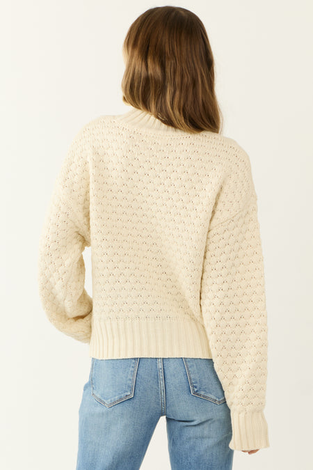 Cream Textured Knit High Neck Sweater