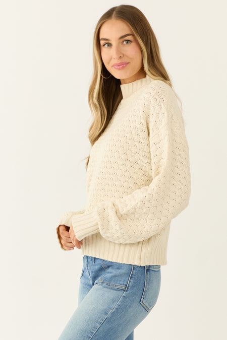 Cream Textured Knit High Neck Sweater