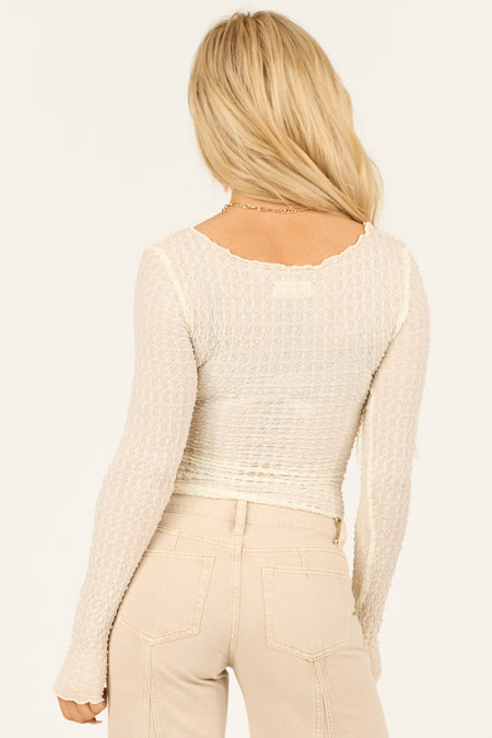 Cream Textured Ruched Fitted Long Sleeve Top