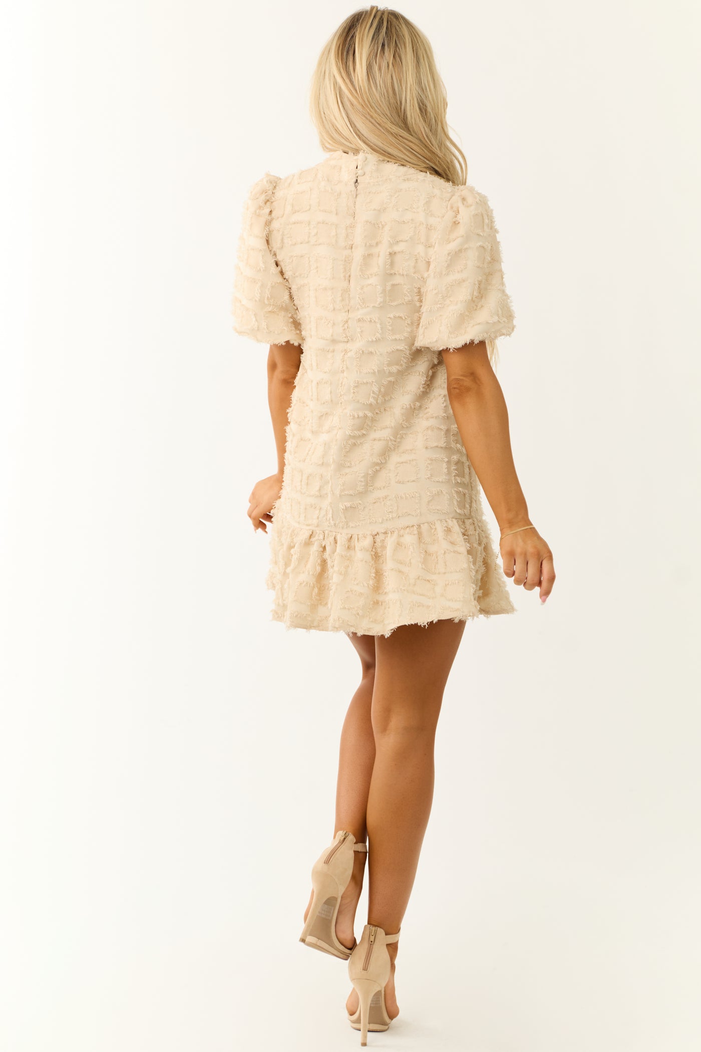 Cream Textured Ruffle Hem Short Dress