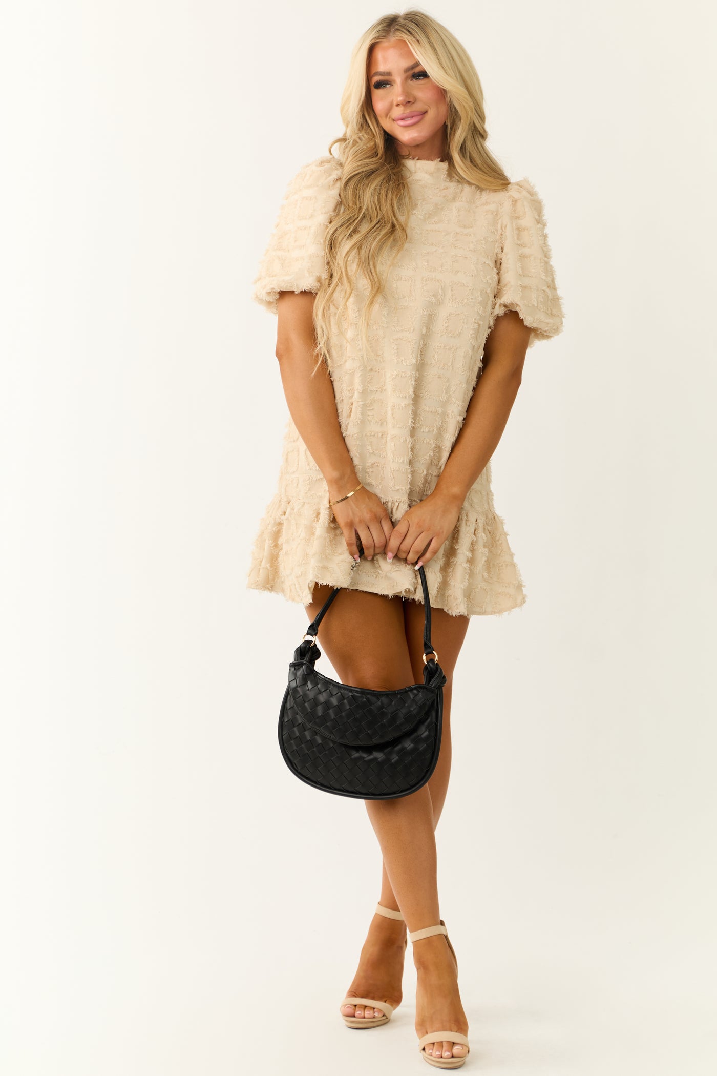 Cream Textured Ruffle Hem Short Dress