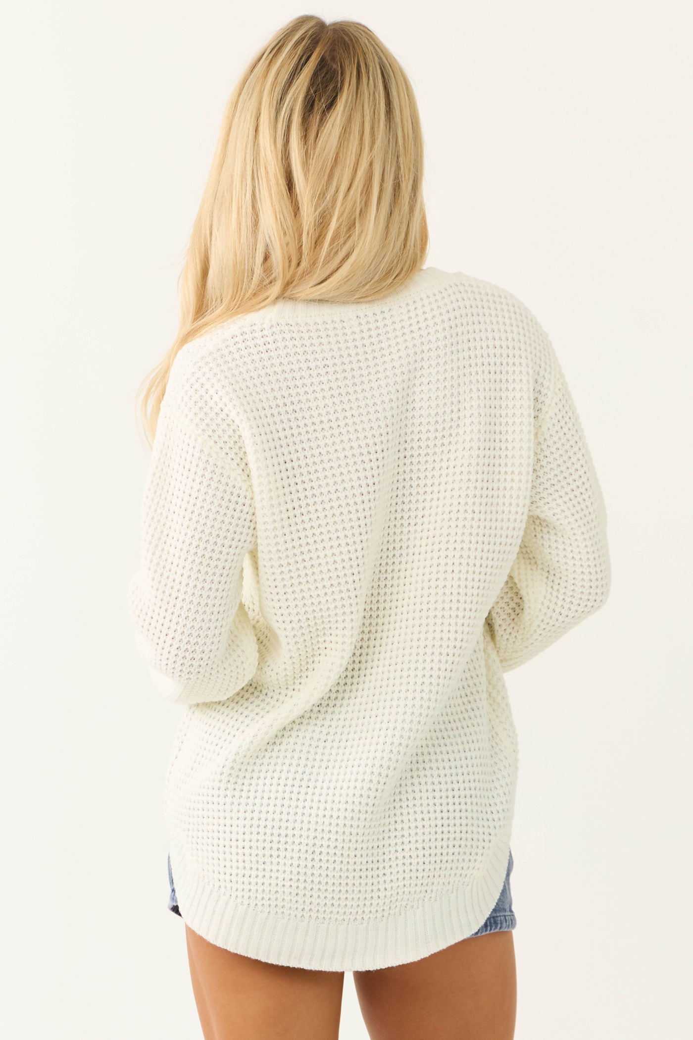 Cream Thick Waffle Knit Curved Hem Sweater