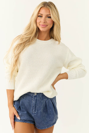 Cream Thick Waffle Knit Curved Hem Sweater