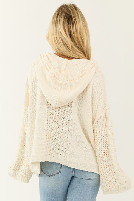 Cream Tie Neckline Detail Hooded Sweater