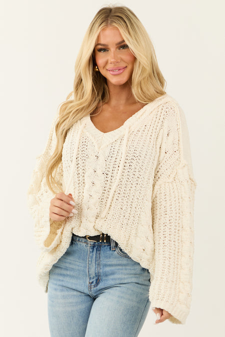 Cream Tie Neckline Detail Hooded Sweater