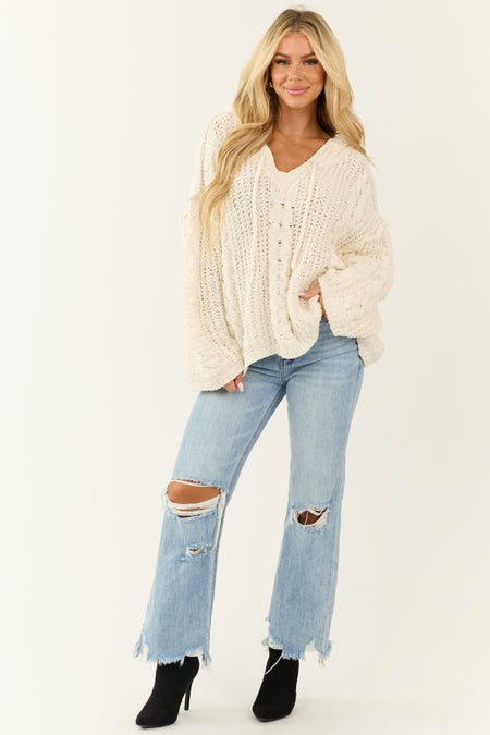 Cream Tie Neckline Detail Hooded Sweater