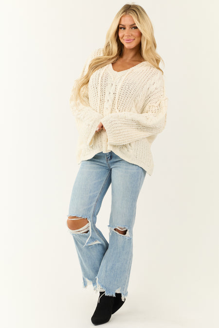 Cream Tie Neckline Detail Hooded Sweater