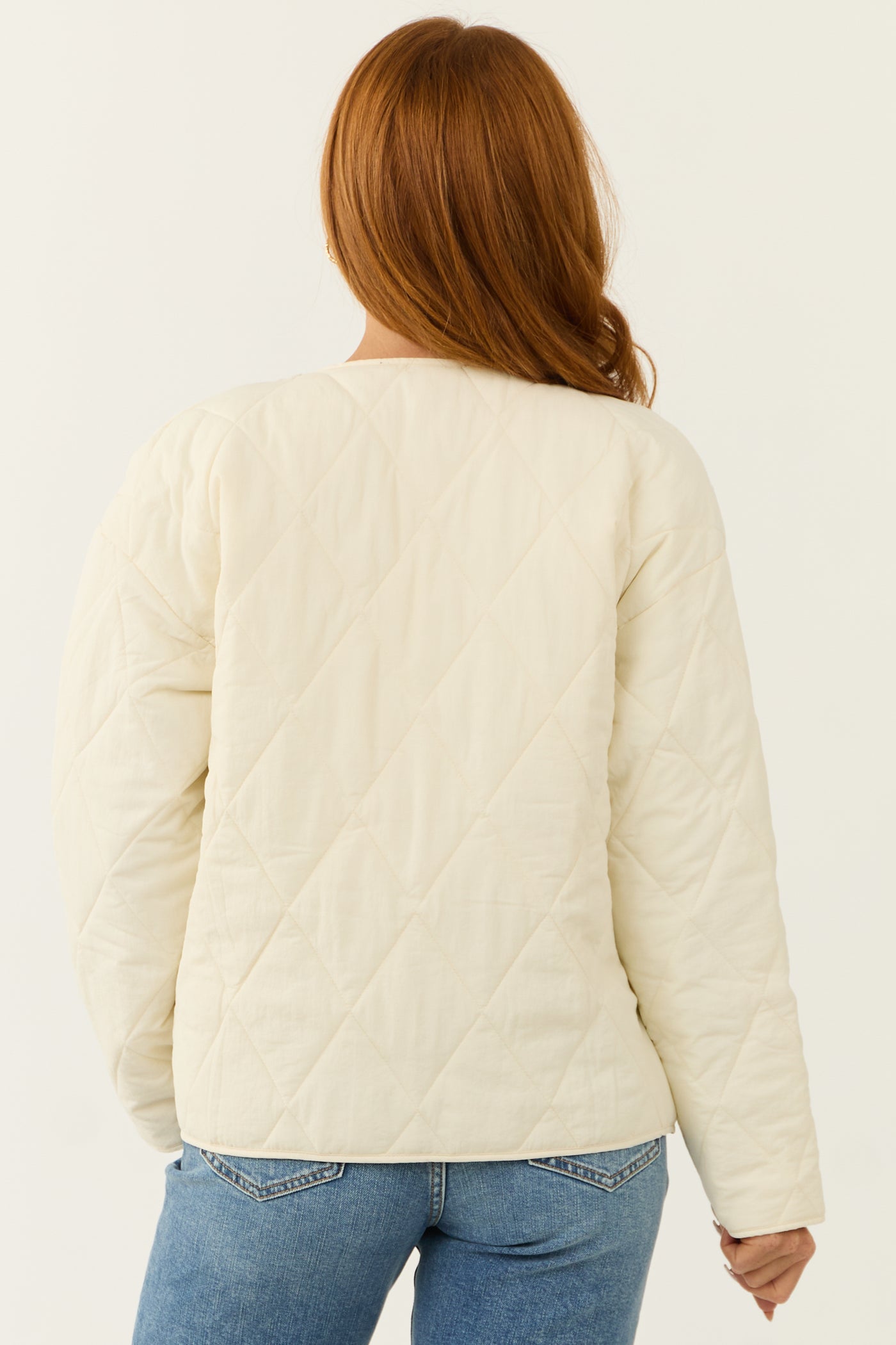 Cream Toggle Button Long Sleeve Quilted Jacket