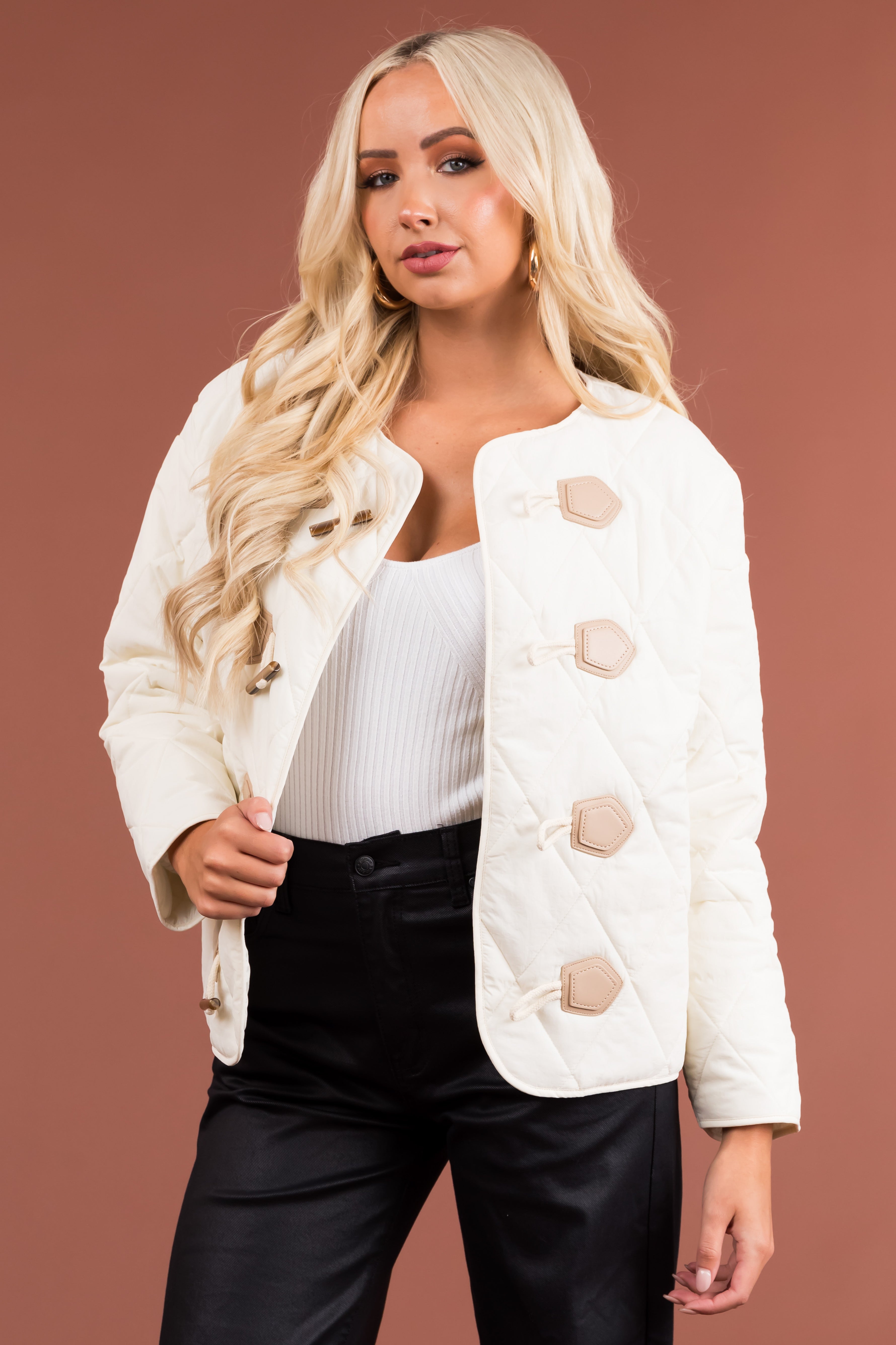 Cream Toggle Button Long Sleeve Quilted Jacket | Lime Lush