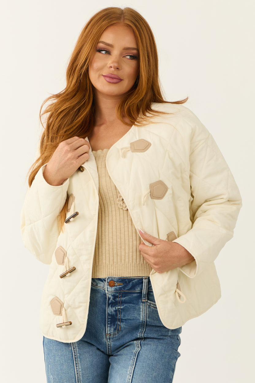 Cream Toggle Button Long Sleeve Quilted Jacket