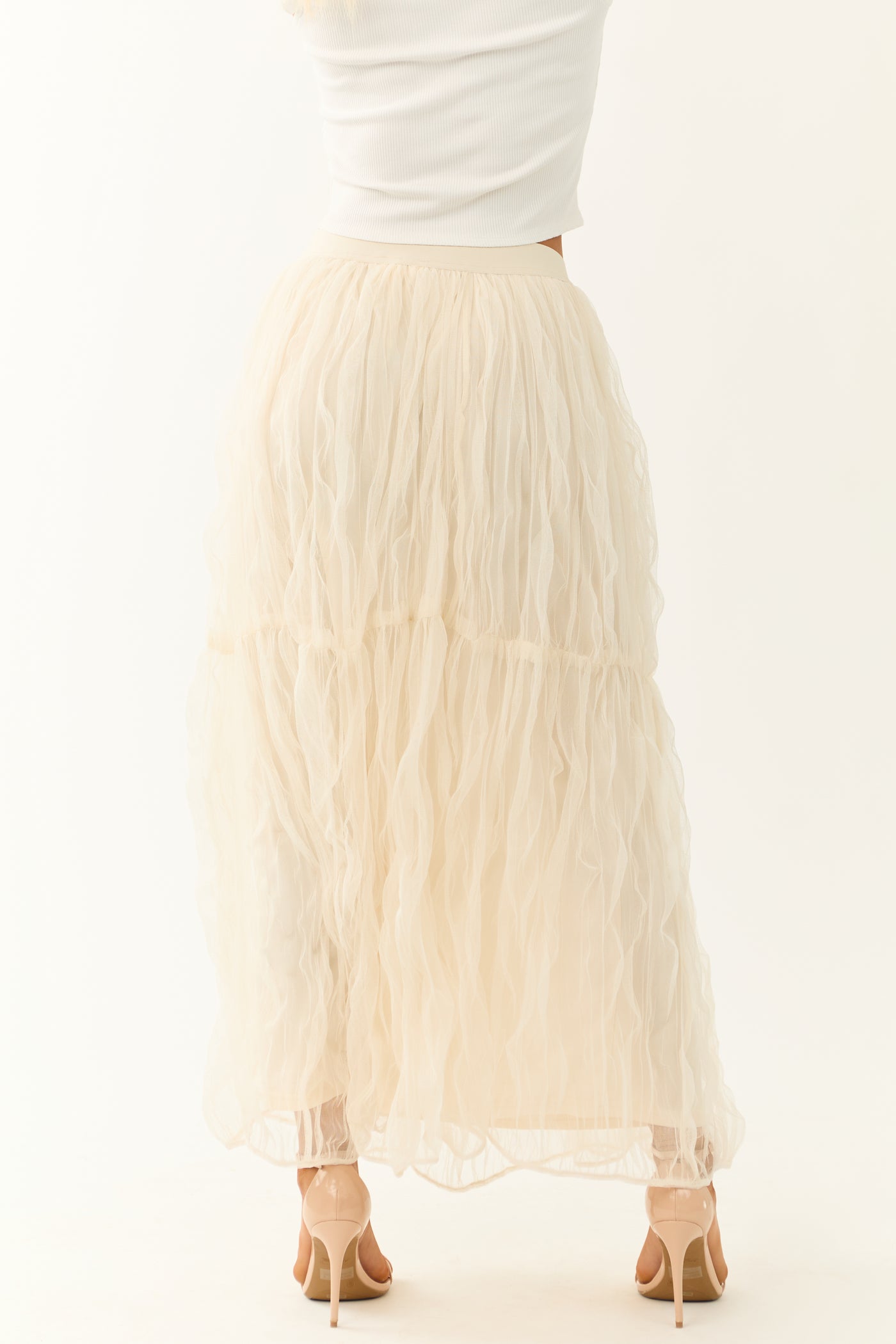 Cream Tulle Plisse Maxi Skirt