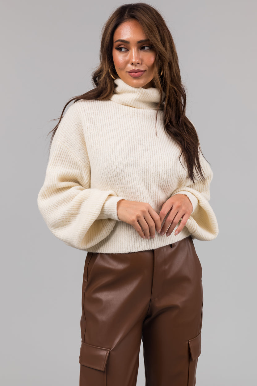 Cream Turtleneck Cropped Bubble Sleeve Sweater