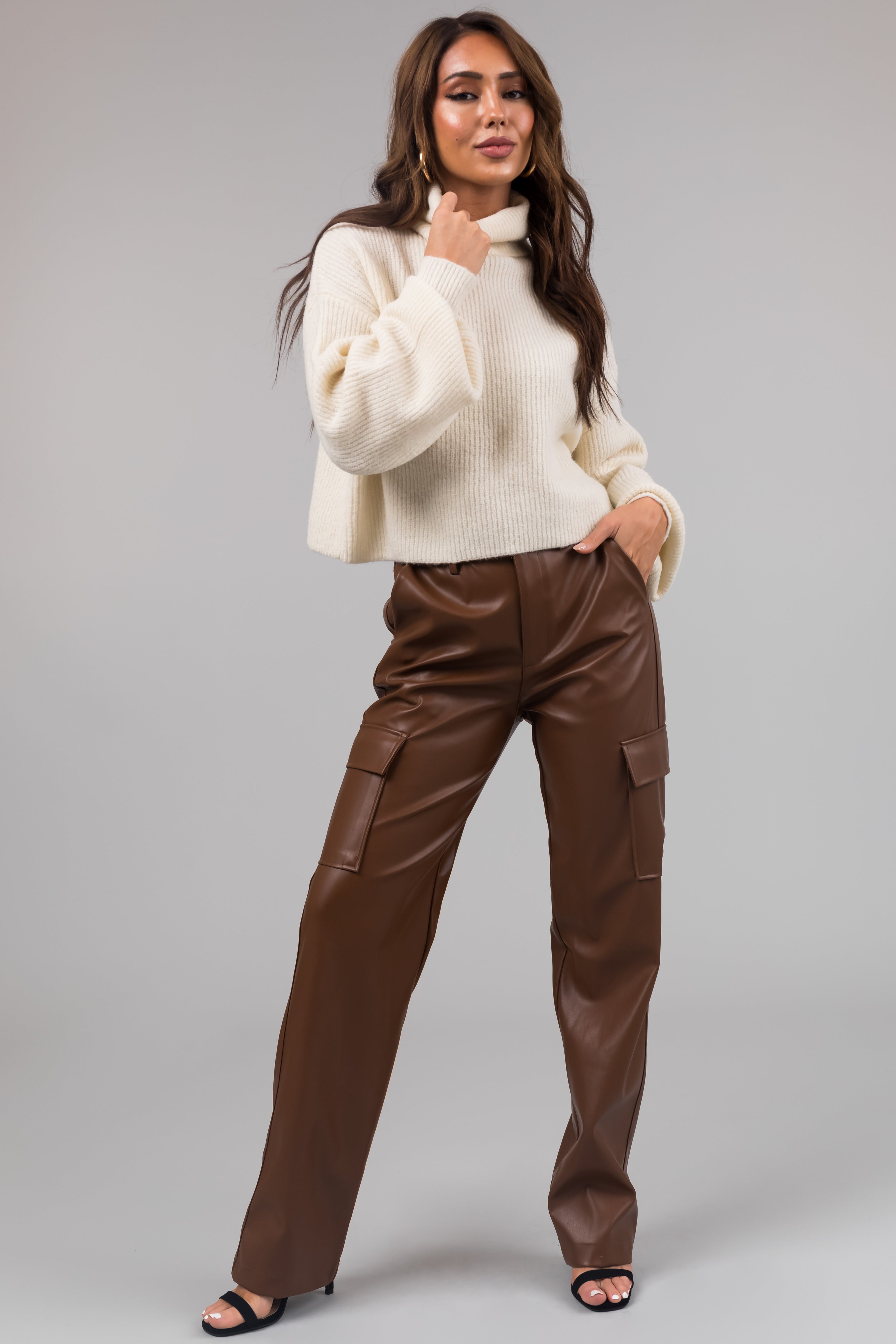 Cream Turtleneck Cropped Bubble Sleeve Sweater