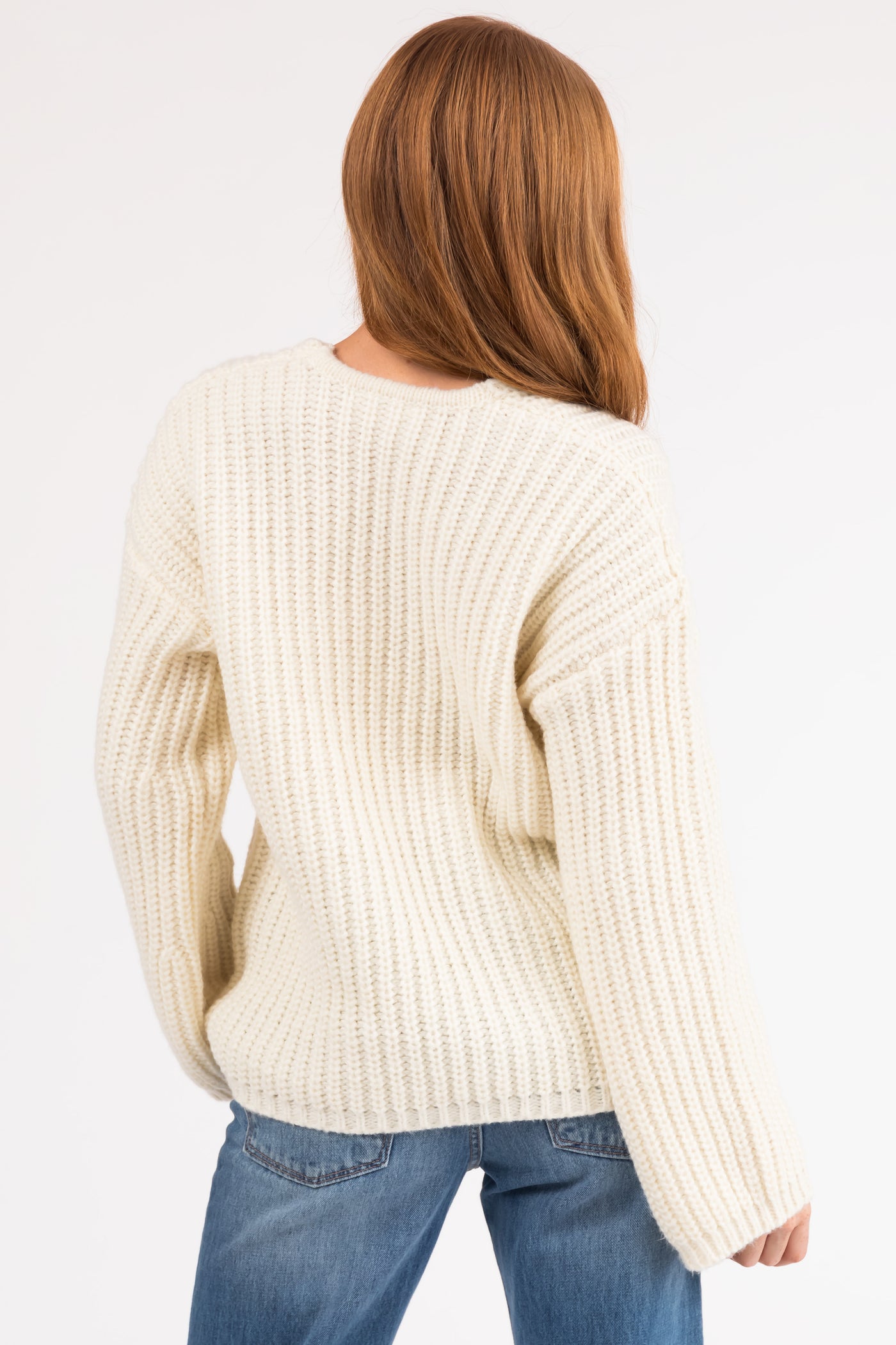 Cream V Neck Cozy Thick Knit Sweater