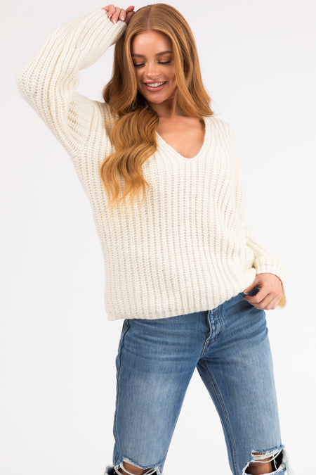 Cream V Neck Cozy Thick Knit Sweater