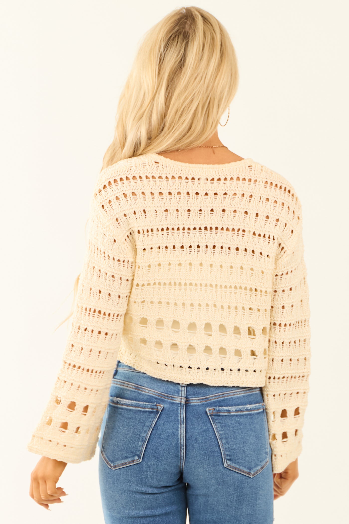 Cream V Neck Flare Sleeve Cropped Sweater