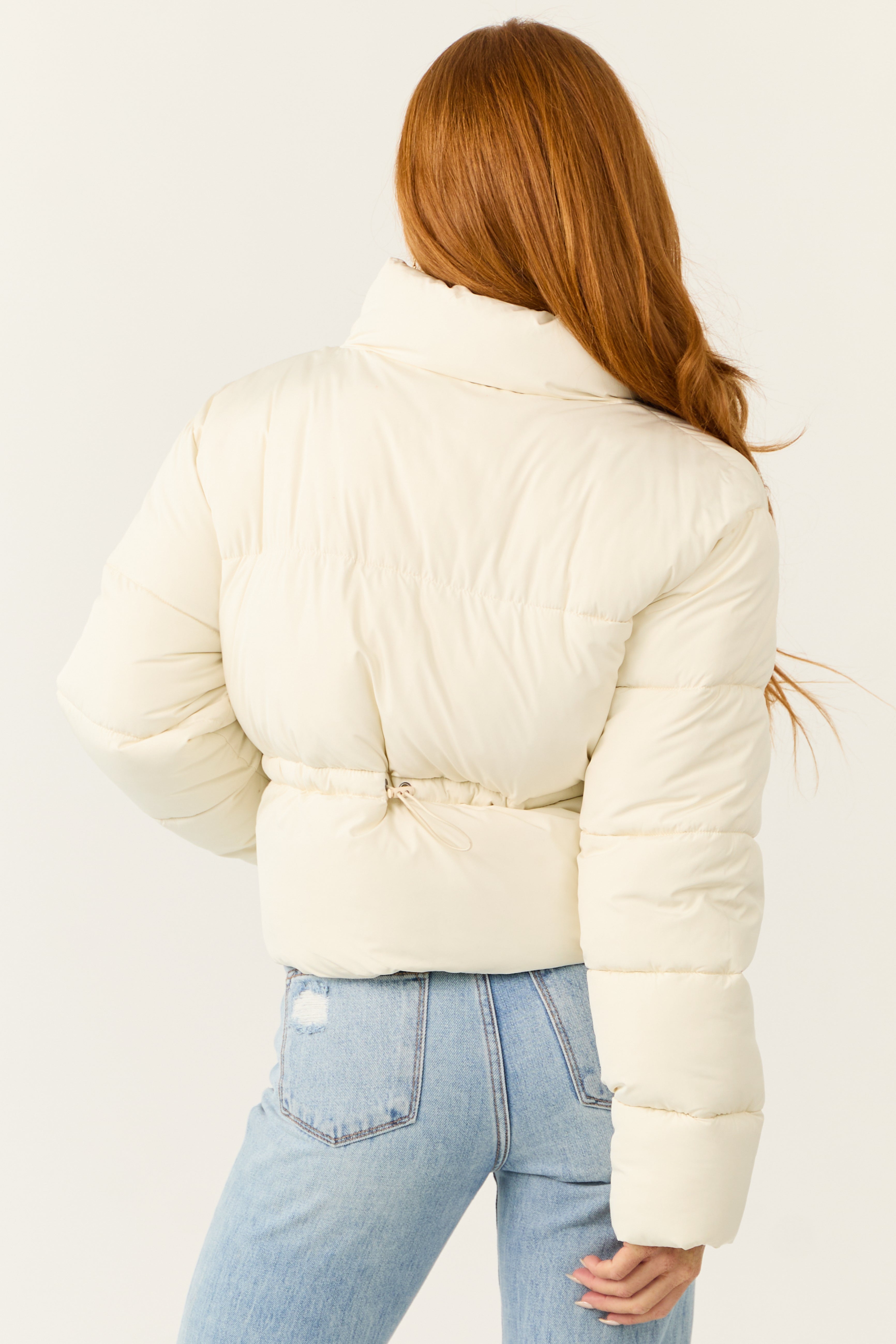 Cream Zip Up Collared Quilted Puffer Jacket