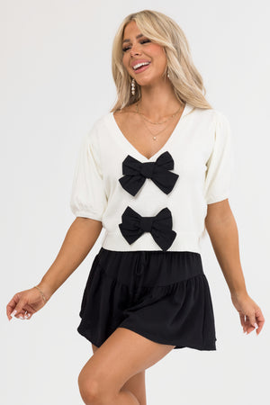 Cream and Black Bow Front Knit Top