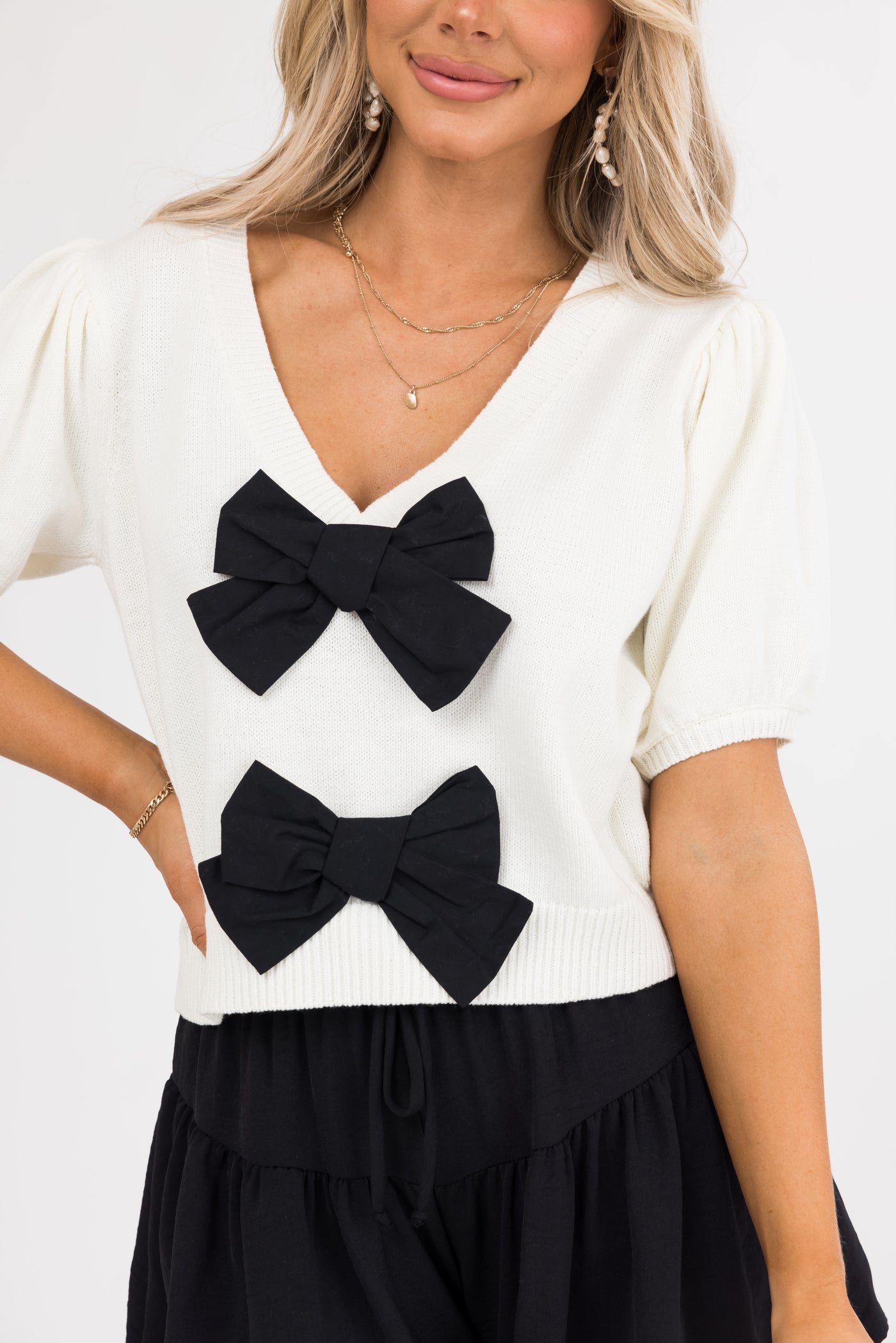 Cream and Black Bow Front Knit Top