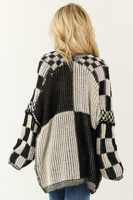 Cream and Black Checkered Open Front Cardigan