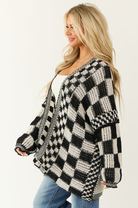 Cream and Black Checkered Open Front Cardigan