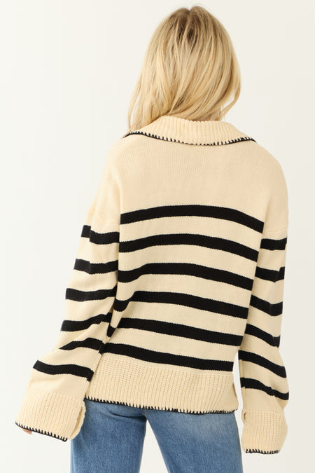 Cream and Black Striped Collared Knit Sweater