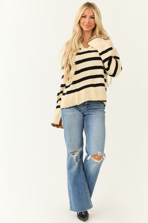 Cream and Black Striped Collared Knit Sweater