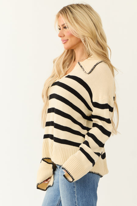 Cream and Black Striped Collared Knit Sweater