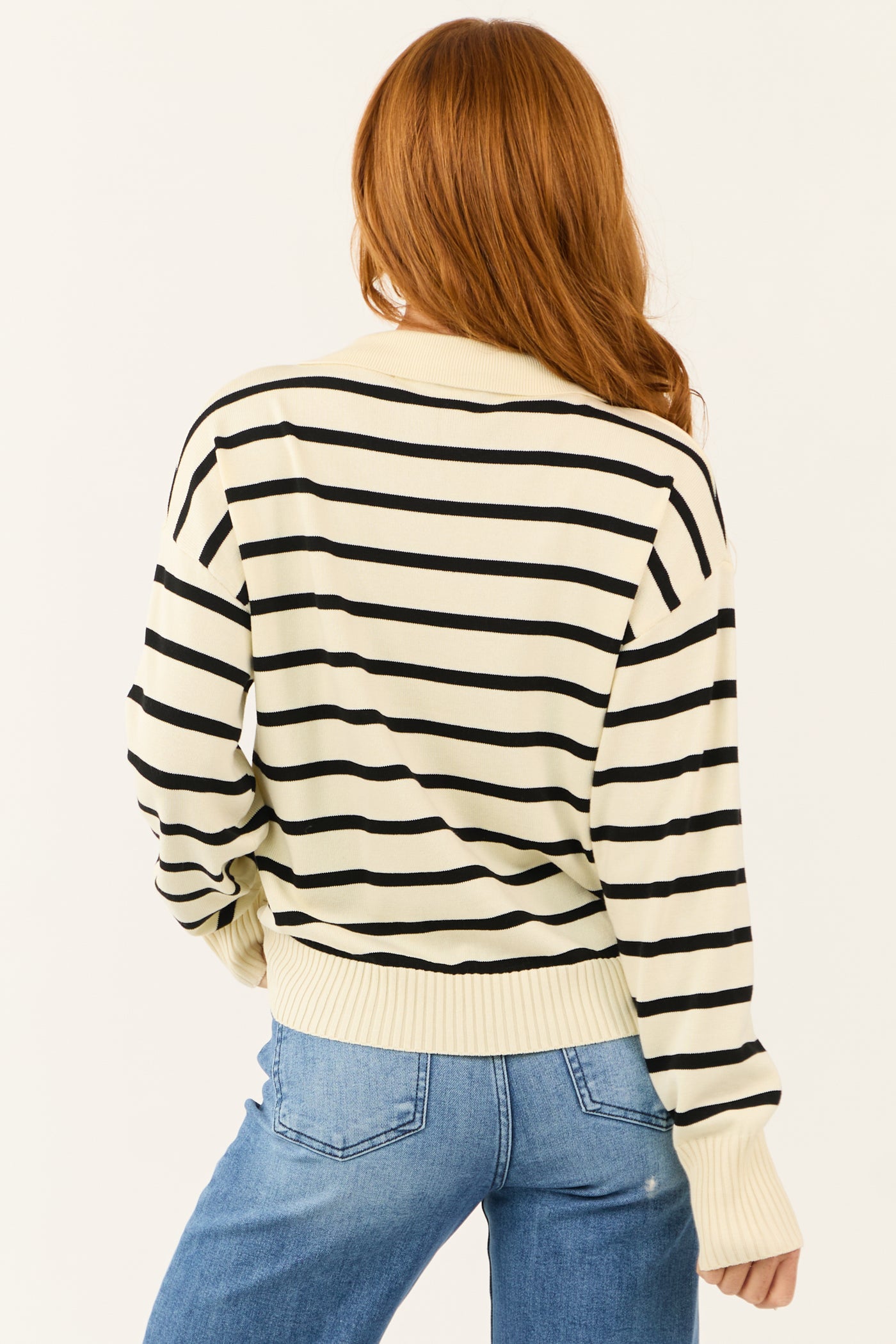 Cream and Black Striped Collared V Neck Sweater