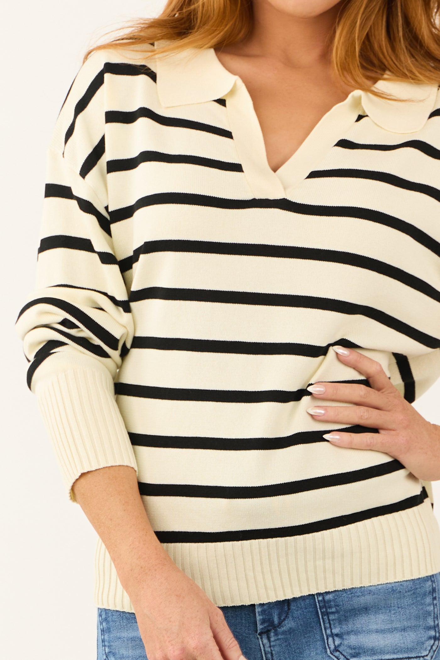 Cream and Black Striped Collared V Neck Sweater