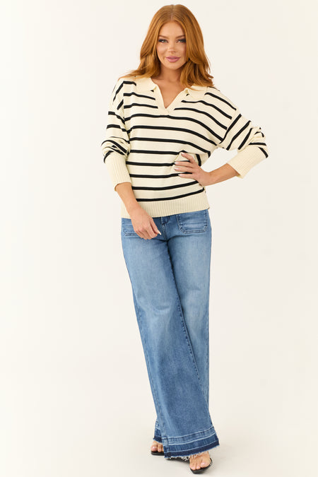 Cream and Black Striped Collared V Neck Sweater