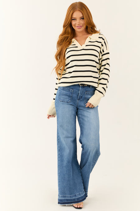 Cream and Black Striped Collared V Neck Sweater