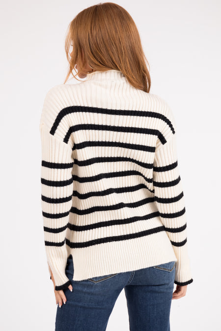 Cream and Black Striped Mock Neck Ribbed Sweater