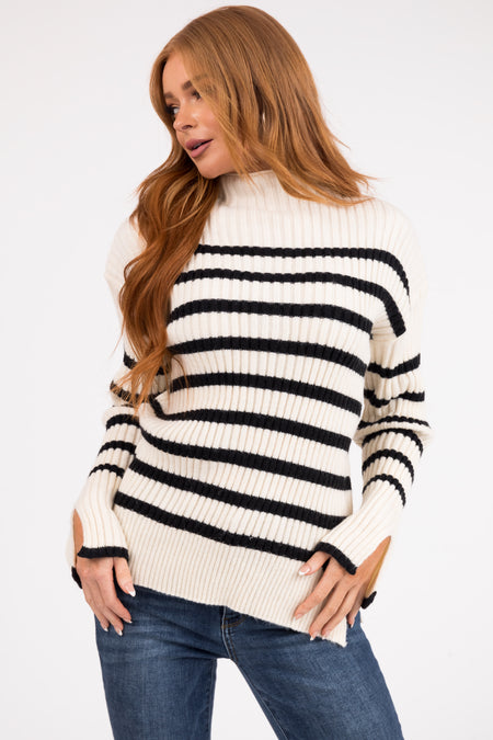 Cream and Black Striped Mock Neck Ribbed Sweater