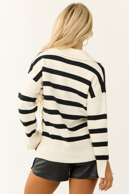 Cream and Black Striped Side Button Sweater