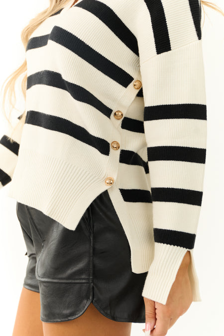 Cream and Black Striped Side Button Sweater