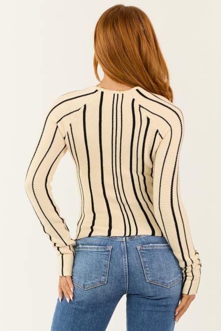 Cream and Black Striped Square Neck Sweater