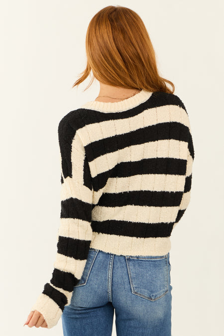 Cream and Black Striped V Neck Knit Sweater