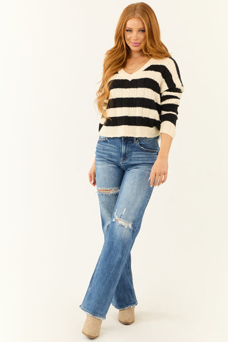 Cream and Black Striped V Neck Knit Sweater