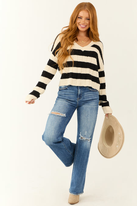 Cream and Black Striped V Neck Knit Sweater