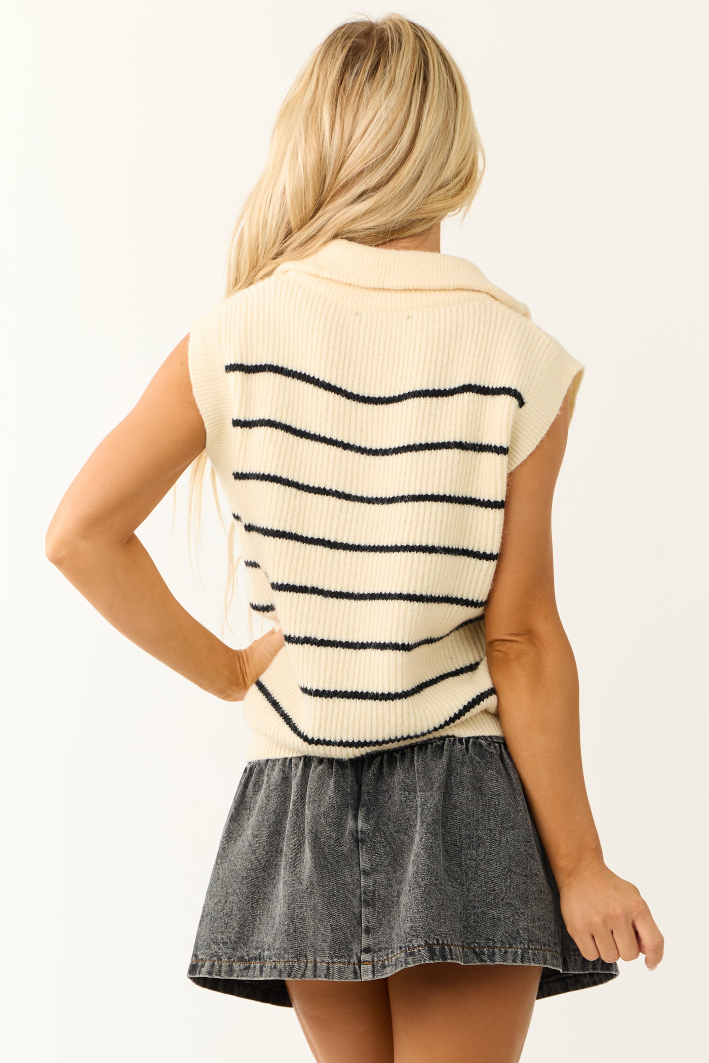 Cream and Black Striped Zip Up Sweater Vest