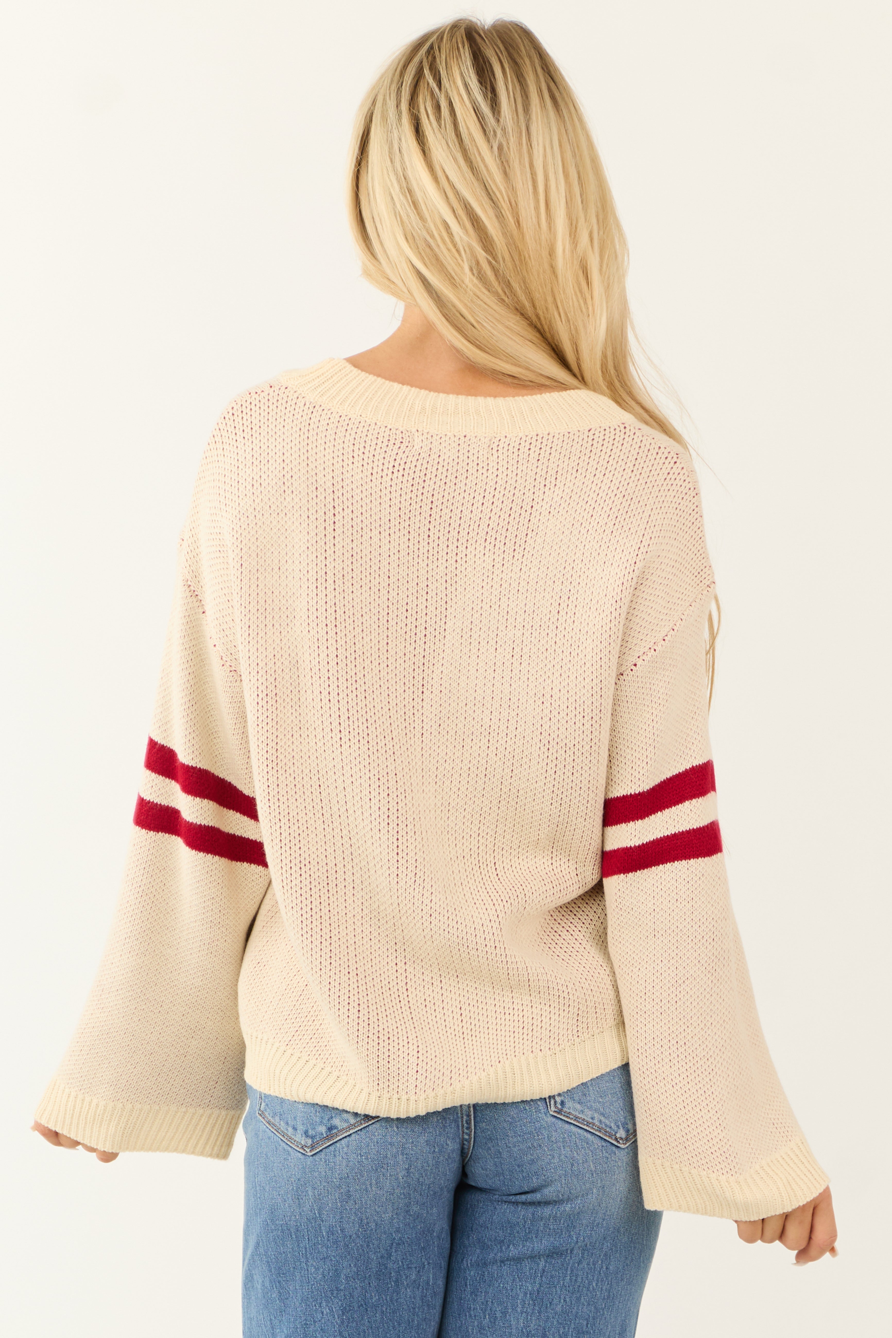 Cream and Cherry Heart Sweater with Stripe Sleeves