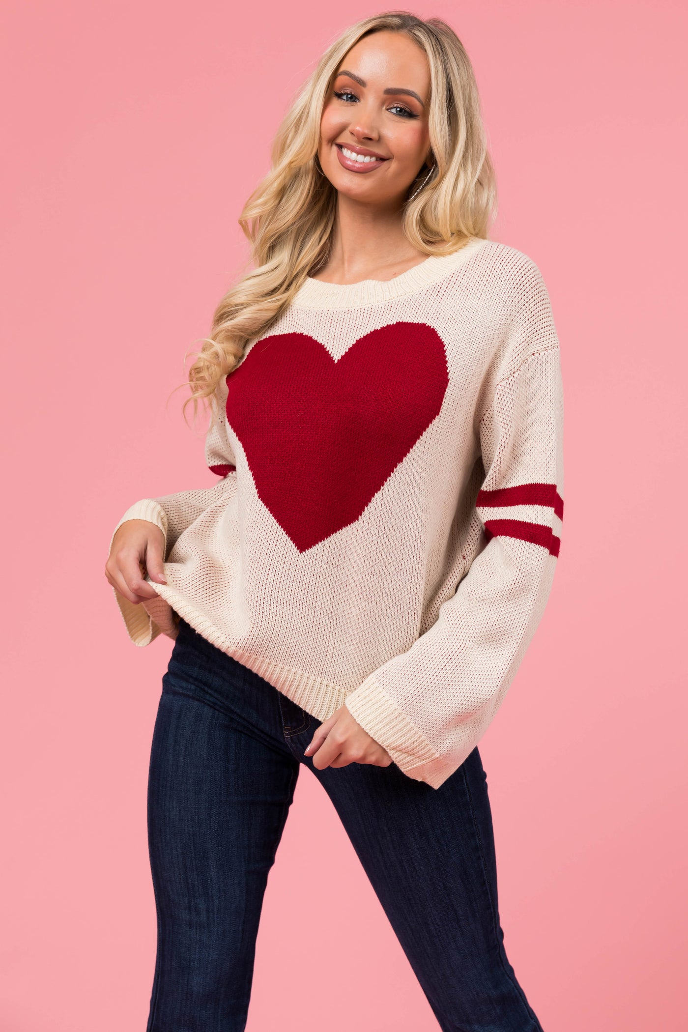 Cream and Cherry Heart Sweater with Stripe Sleeves