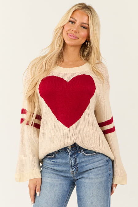 Cream and Cherry Heart Sweater with Stripe Sleeves