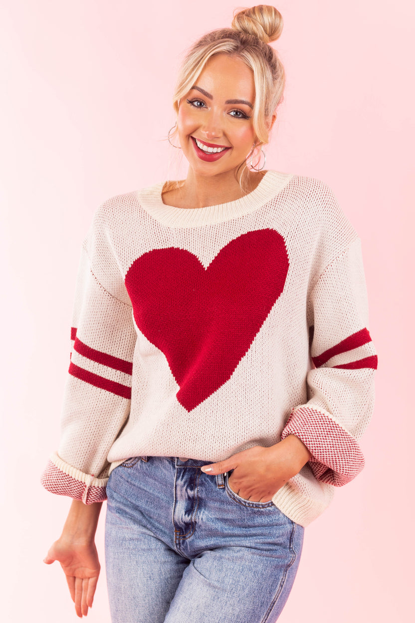 Cream and Cherry Heart Sweater with Stripe Sleeves