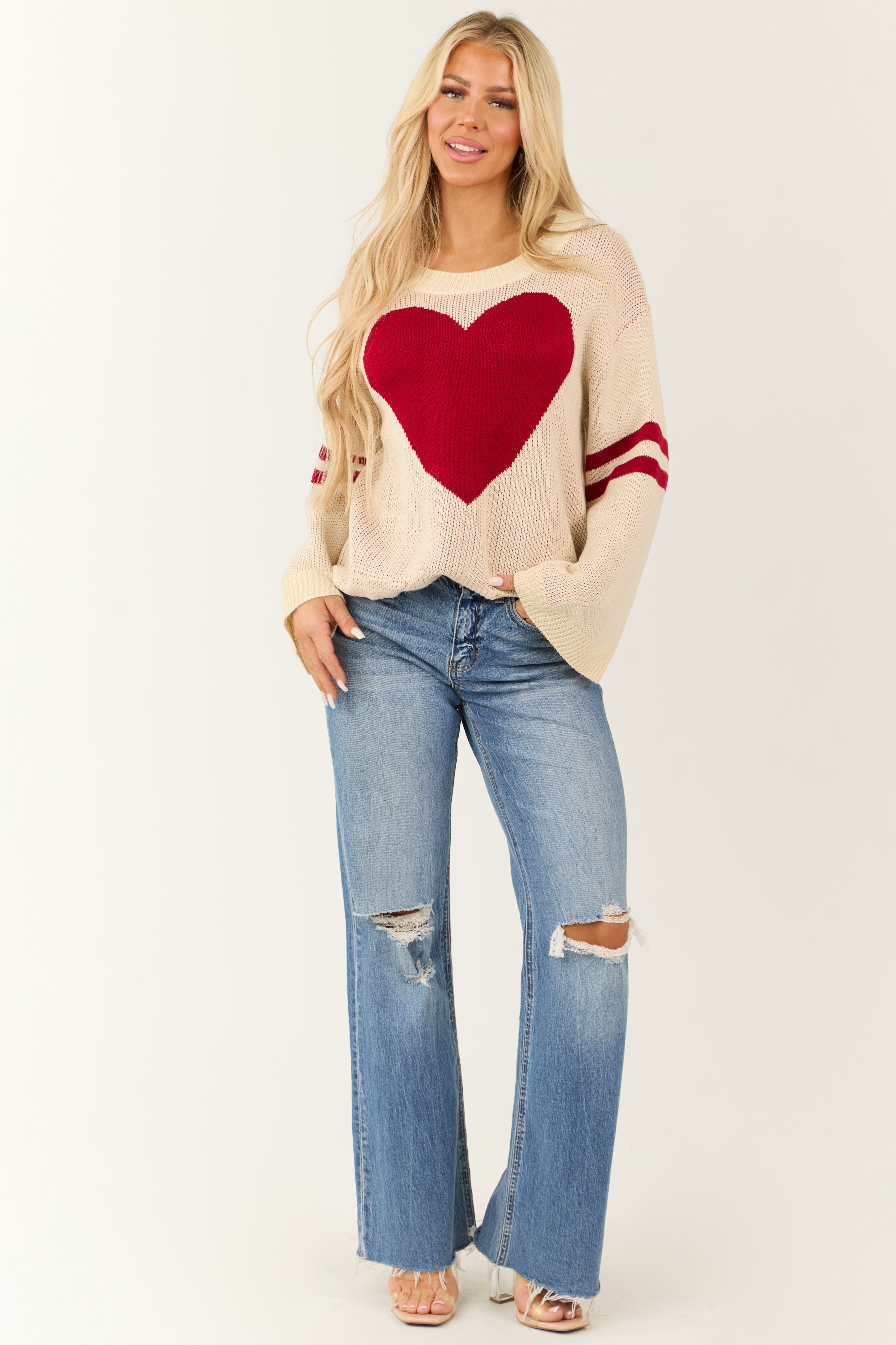 Cream and Cherry Heart Sweater with Stripe Sleeves